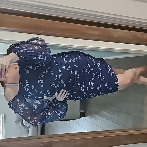 Fashion Navy Blue Floral Ruched Long Sleeve Dress - Picture 6 of 7